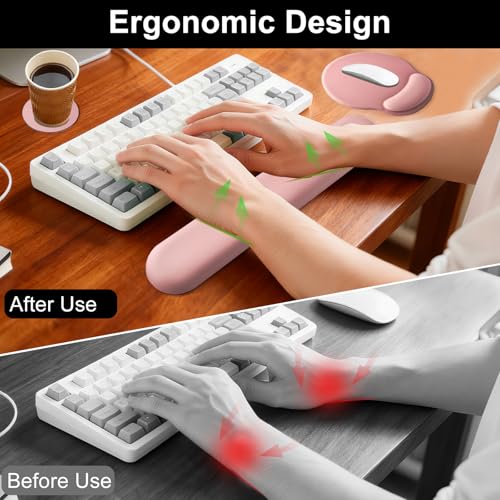 Keyboard Wrist Rest Mouse Pad with Wrist Support, Gaming Mousepad with Non-Slip Base, Ergonomic Mouse Wrist Arm Cushion Support for Home Office Laptop Computer, Easy Typing for Pain Relief, Pink - color: Pink