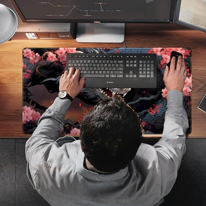 Cute Sakura Dragon Gaming Mouse Pad Kawaii XXL Large Extended Anime Desk Mat, Non-Slip Rubber Base Mousepad, Office Decor Desk Pad, Cool Keyboard and Mouse Mat with Stitched Edges, 31.5x15.75 in - color: Red Sakura Dragon