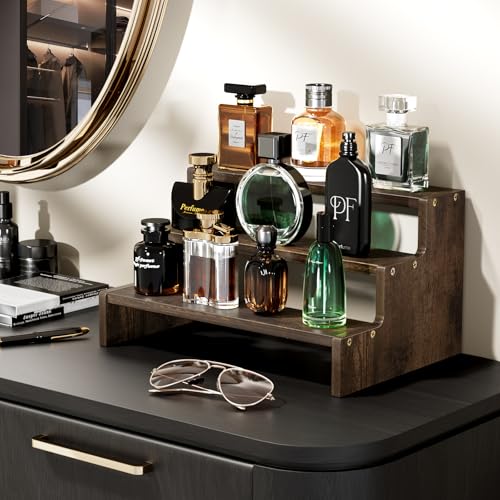 ProCase Wooden Cologne Organizer for Men, 3 Tier Perfume Organizer, Mens Cologne Stand Holder Storage, Display Riser Shelf Rack for Fragrances Candles Cosmetics Cupcake Figure Spice -Brown - color: Brown, size: 3-Tier (7.17" Height)