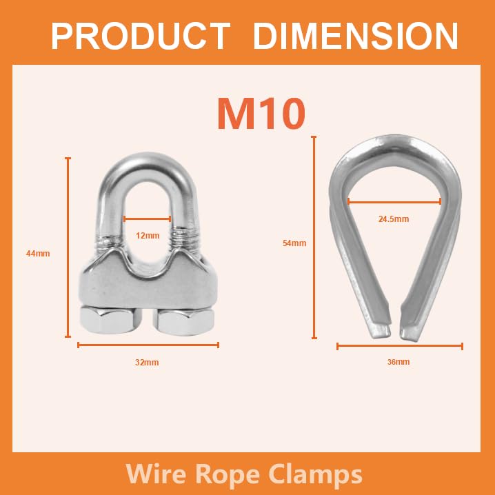 8 Pcs M10 Wire Rope Clamps Cable Clamps 4 Pcs 3/8" Wire Rope Thimble U Bolt Saddle Fastener 304 Stainless Steel Cable Clamps (M10, 8) - style: M10