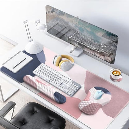 Desk Mat for Keyboard and Mouse, Ergonomic Mouse Pad Set, Pink Boho Navy - color: Boho Pink Navy