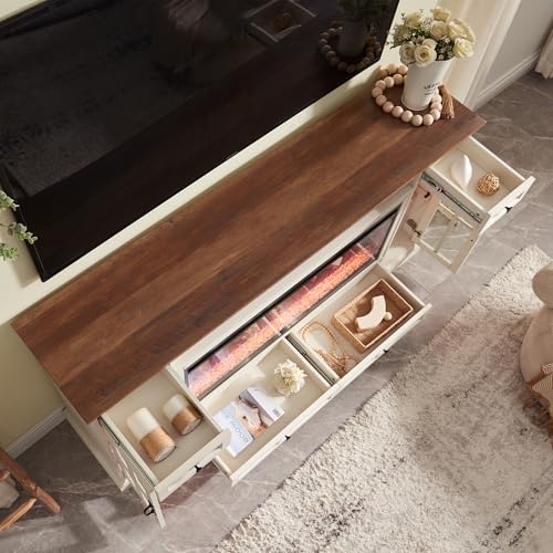 RedLemon Farmhouse Fireplace TV Stand for 80 Inch TV, 36" Tall Entertainment Center with 42" Crystal Eletric Fireplace, Modern Media Console Table with LED Lights for Living Room, Antique White - color: Antique White