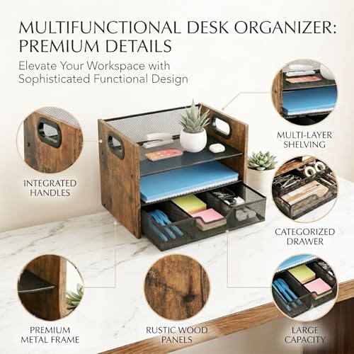 Wood Desk Organizer - 3-Tier Desktop File Organizer with Drawer, Wooden Paper Tray, Office Desk Organzier and Accessories for Papers, Mail, Notebooks, Stationery - size: 3 Tier Drawer