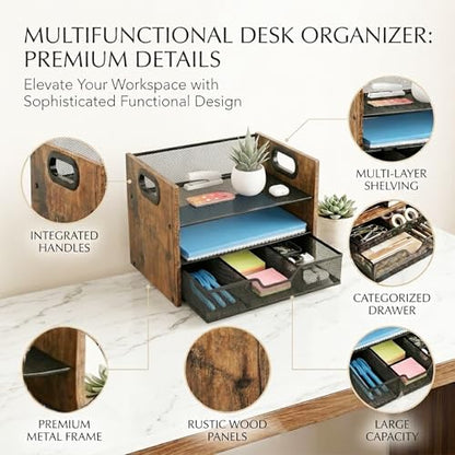 Wood Desk Organizer - 3-Tier Desktop File Organizer with Drawer, Wooden Paper Tray, Office Desk Organzier and Accessories for Papers, Mail, Notebooks, Stationery - size: 3 Tier Drawer