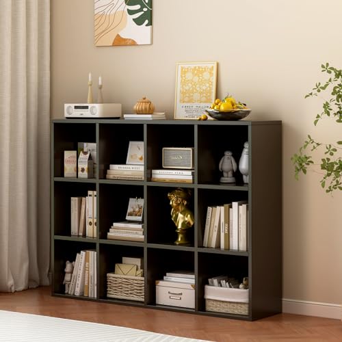 OSCHF 12-Cube Storage Shelf Bookcase - Wooden 3-Tier Floor Standing Open Bookshelf for Home and Office, Display Cabinet, Black - color: Black, size: 12-Cube