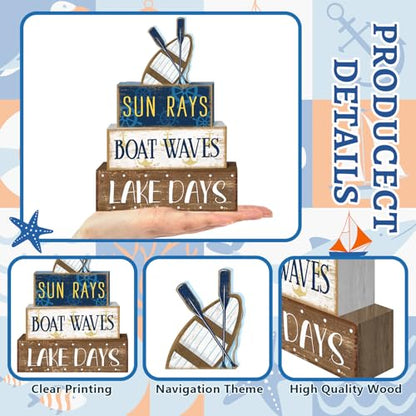Britimes 4 Pcs Summer Wooden Tiered Tray Decor Set, Lake Boat Paddle Table Decor Rustic Farmhouse Retro Carbin Wooden Coffee Table Centerpieces for Home Kitchen Office Decorations (Boat Style) - style: Boat