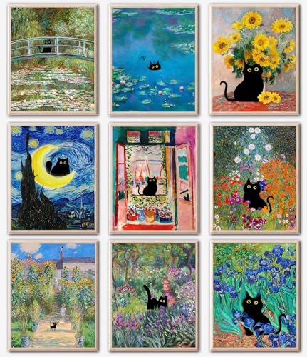 Kizbok Funny Black Cat Poster Set of 9, Vintage Monet Matisse Van Gogh Black Cat Wall Art Prints, Retro Black Cats in Famous Paintings Posters Prints, Cute Colorful Cats Aesthetic Pictures Wall Decor for Bathroom Bedroom Dorm Home Decor (8x10 UNFRAMED) -