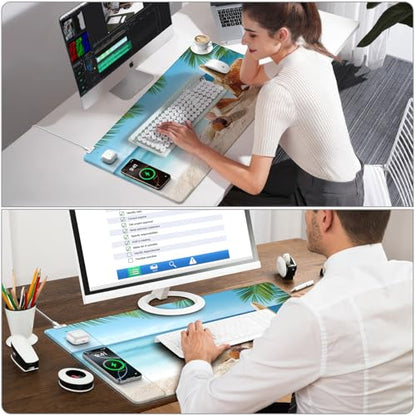 Wireless Charging Mouse Pad, 31.5"x15.8" Large Gaming Desk Mat for Keyboard/Laptop, Waterproof Ultra-Smooth Surface, Non-Slip Base, with 20W PD Adapter, Summer Beach - color: Summer Beach-31.5"x15.8"(with Wall Charger)
