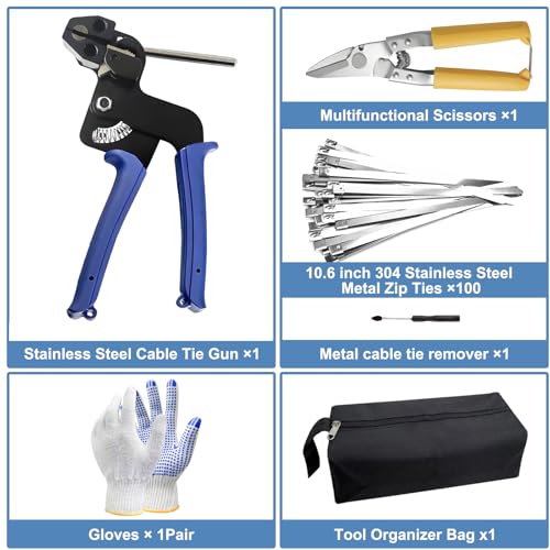 Heavy Duty Stainless Steel Zip Tie Gun Kit with 100pcs Self-Locking Metal Cable Ties, Duty Outdoor Adjustable Fastening Cutting Tie Tool Sets, Durable & Adjustable Tool Set (Blue) - color: Tool