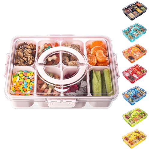 Dingerjar Divided Serving Tray with Lid and Handle - Snackle Box Charcuterie Container for Portable Snack Platters Organizer for Candy, Fruits, Nuts, Snacks - Perfect for Party, Entertaining, Pink - color: Pink