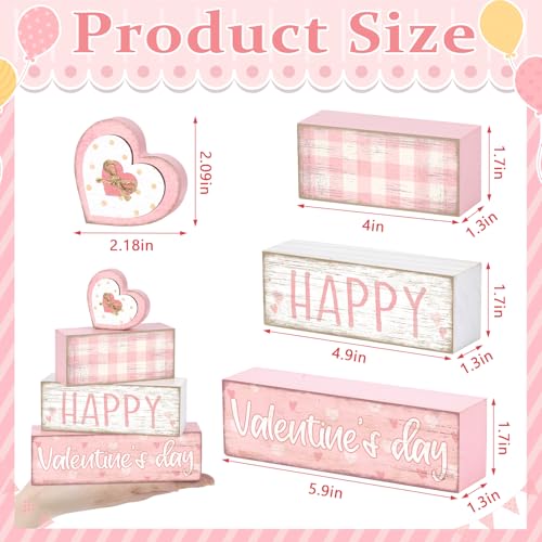 Britimes 4Pcs Valentine’s Day Table Decor Happy Valentine’s Day Pink Heart Tiered Tray Decorations Set Rustic Farmhouse Wooden Stack Block Signs Romantic Tabletop Decor for Table & Home Office Gift - style: Pink Happy Valentine