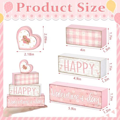 Britimes 4Pcs Valentine’s Day Table Decor Happy Valentine’s Day Pink Heart Tiered Tray Decorations Set Rustic Farmhouse Wooden Stack Block Signs Romantic Tabletop Decor for Table & Home Office Gift - style: Pink Happy Valentine