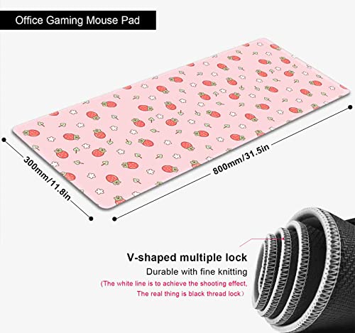 Pink Cute Desk Mat, Strawberries Mouse Pad XL, Aesthetic Hearts Desk Pad, Pastel Kawaii Deskmat, Laptop Office Gaming Computer Home Mice Mat Mousepad Stylish Office Gift, 31.5 X 11.8 Inch - color: Pastel Strawberry