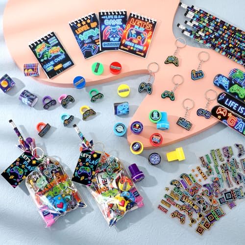 Sayglossy 251 Pcs Video Game Party Favors Set Includes Gift Bags Pencils Notebook Sharpener Slap Bracelets Rings Keychains 3D Puffy Stickers Stamper Gamer Party Favors Birthday (Neon) - style: Neon