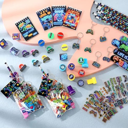 Sayglossy 251 Pcs Video Game Party Favors Set Includes Gift Bags Pencils Notebook Sharpener Slap Bracelets Rings Keychains 3D Puffy Stickers Stamper Gamer Party Favors Birthday (Neon) - style: Neon