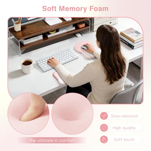 Ospelelf Mouse Pad with Wrist Rest Set Foam L-Shaped Desk Elbow Pad Ergonomic Desk Edge Cushion Anti-Slip Rubber Bottom Office Women Desk Accessories for Computer, Laptop and Gaming, Pink - color: Pink