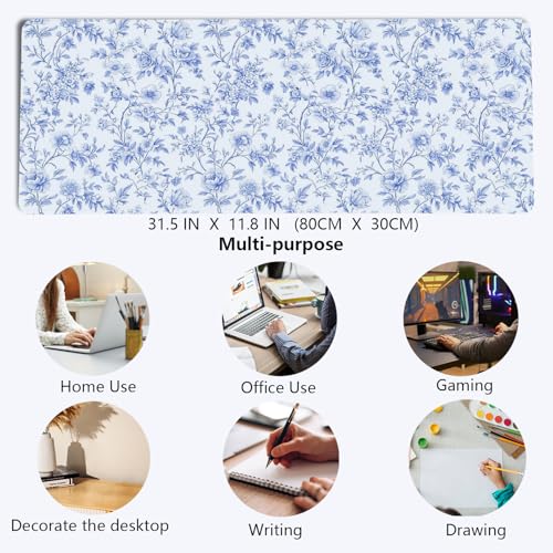 Light Blue Chinoiserie Mouse Pad,Vintage Blue and White Floral Desk Mat,XL Large Vintage Floral Preppy Mouse Pad,Girly Laptop Keyboard Mat for Dorm Home Office Decor,31.5x11.8 in - color: XL Blue Floral