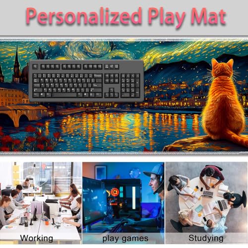Large Gaming Mouse Pad + Wrist Rest+ Coaster Combo, 31.5 "x 11.8" Durable Non-Slip Extension Table Mat, Suitable for Office and Home, Cat Starry Night Art - color: Cat Starry Night Art