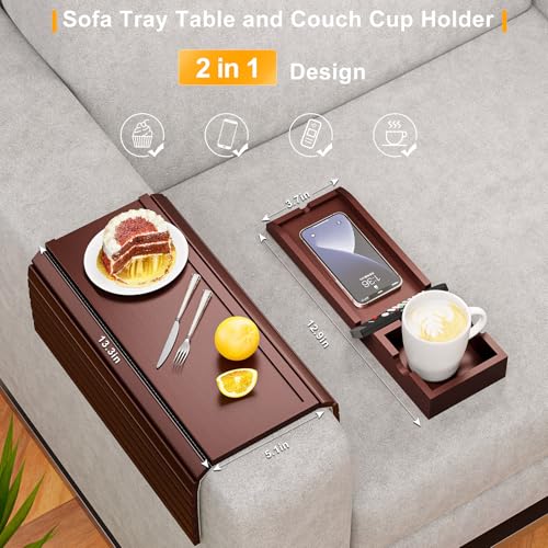 Bestjing Bamboo Couch Armrest Table, Sofa Arm Tray with Detachable Couch Cup Holder- 2 in 1 Anti-Slip Foldable Sofa Armchair Caddy Table for Drinks Cellphone TV Remote Snacks (Walnut) - color: Walnut, size: 16.3" x 13.3" x 2"
