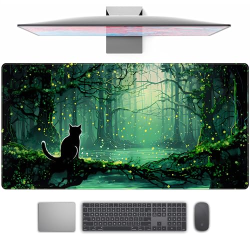 Kawaii Green Forest Desk Pad Mouse Pad Cute Black Cat Desk Mat, XXL Extended Anime Cats Large Gaming Mousepad, Computer Keyboard and Mouse Deskpad Decor Deskmat with Stitched Edges Mat 31.5x15.7 in - color: Green Forest Cat