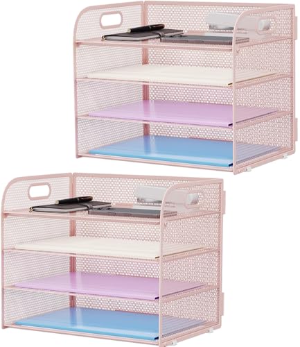 Marbrasse 2 Pack 4 Tier Paper Organizer Letter Tray - Mesh Desk File Organizer with Handle, Paper Sorter Organizer for Letter/A4 Office File Folder Holder (Pink, 12.6" x 9.1" x 10.7") - color: Pink-2p
