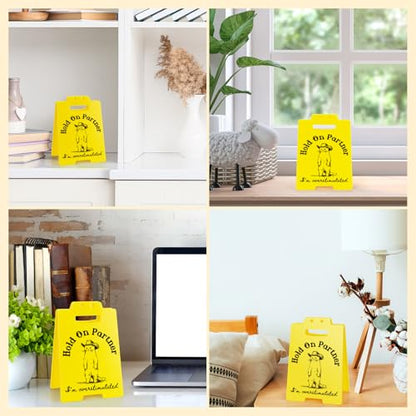 Funny Cowboy Cat Meme Desk Sign "Hold On Partner I'm Overstimulated" - Hilarious Office Decor, Sarcastic Gag Gifts for Coworkers, Introverts, Women, Men - Funny Cubicle Accessories - style: Cowboy Cat