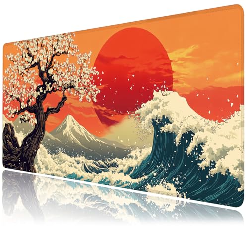 Desk Mat, Japanese Sea Wave XXL 35.4"x15.7"Large Gaming Mouse Pad, 3mm Thick Gaming Keyboard Pad,Desk Pad Non-Slip Rubber Base with Stitched Edges for Office Game Home Decor - color: Japanese Sea Wave