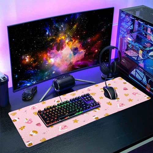 Pink Christmas Gaming Mouse Pad XL Cute Kawaii Cupcake Gingerbread Extended Big Large Desk Mat Non-Slip Rubber Base Stitched Edge Xmas Holiday Long Keyboard Mousepad for Computer Laptop,31.5×11.8 in - color: Pink Christmas, size: X-Large