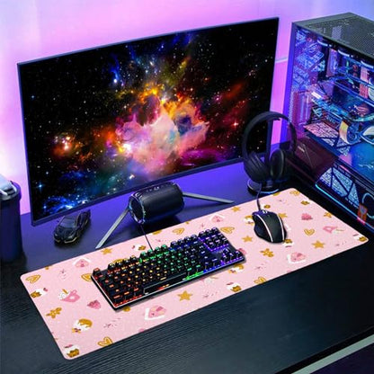 Pink Christmas Gaming Mouse Pad XL Cute Kawaii Cupcake Gingerbread Extended Big Large Desk Mat Non-Slip Rubber Base Stitched Edge Xmas Holiday Long Keyboard Mousepad for Computer Laptop,31.5×11.8 in - color: Pink Christmas, size: X-Large