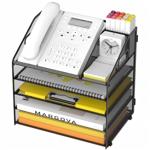 Letter Tray Paper, 5 Tier Desk Organizer with Pen Holder and Handle, Mesh File Organizer Paper Sorter Metal Desktop Document Shelf for Office Home Classroom - Black - color: 5 Tier-black