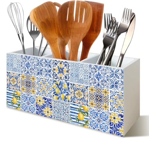 Mediterranean Italy Lemon Pen Pencil Kitchen Cooking Brush Makeup Utensil Holder Organizer for Desk, Mediterranean Lemon Decor, Blue and White Wooden Box Sign for Home Office Tabletop Decor - color: Italy