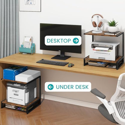 ELITEROO 2-Tier Desktop Printer Stand with Storage Drawer, Wooden Printer Stand for Desk, Small Printer Table with Shelf for Home Office, Fits Fax Machine, Scanner, 3D Printer, Rustic Brown - color: Rustic Brown with Drawer