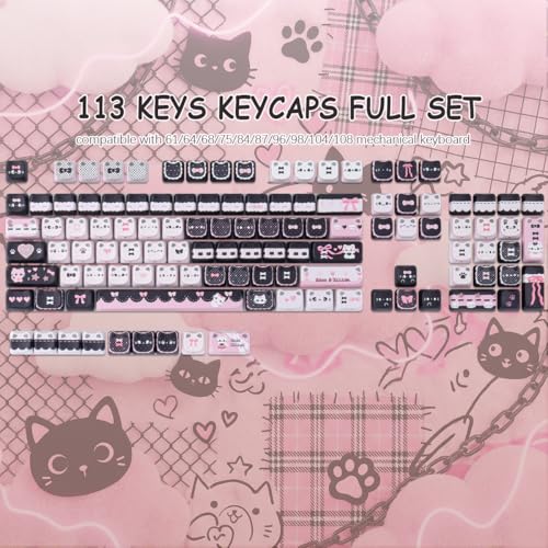 PBT Keycaps - Side Print Cat Keycaps, 113 Keys Shine Through Dye-Sub Cute Keycap, Mao Profile Custom Keycap for 60 65 75 100 Percent Cherry MX Mechanical Keyboard - color: Black Pink Meow