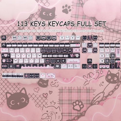 PBT Keycaps - Side Print Cat Keycaps, 113 Keys Shine Through Dye-Sub Cute Keycap, Mao Profile Custom Keycap for 60 65 75 100 Percent Cherry MX Mechanical Keyboard - color: Black Pink Meow