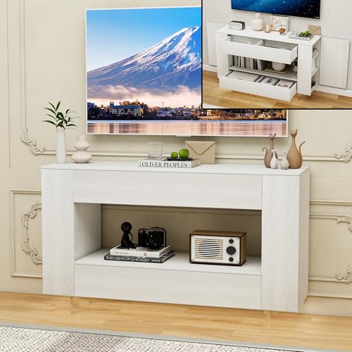 TV Stand Cabinet Up to 55 inch with Conceals Storage, Woodgrain, White | TV cabinet with 2 Push-Open doors and 2 drawers, entertainment center, storage cabinet, modern style, living room, office - color: Woodgrain White, size: 47.24"W*13.78"D*27.56"H