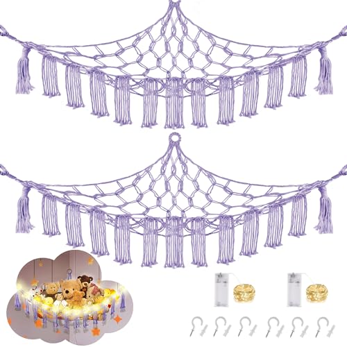 CERETIA Stuffed Animal Hammock with LED Light, Large Stuffed Animals Storage Corner Plushie Net for Kids Room Decor, 2 Packs Purple - color: Purple, size: Large-(Package of 2)