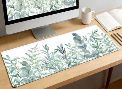 XXL Waterproof Office Desk Pad Protector 31.5x11.8 Inch - Extended Gaming Mouse Pad with Non-Slip Rubber Base, Thickened Keyboard Mat, Stitched Edges & Green Plants Design - color: Green White