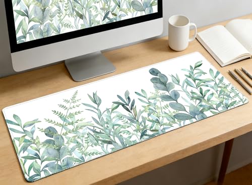 XXL Waterproof Office Desk Pad Protector 35.4x15.7 Inch - Extended Gaming Mouse Pad with Non-Slip Rubber Base, Thickened Keyboard Mat, Stitched Edges & Green Plants Design - color: A-green