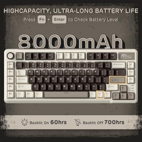 RK ROYAL KLUDGE L75 Gasket Mount Mechanical Keyboard w/Knob/Macro Keys & Touchable Nameplate, Tri-Mode 75% TKL Wireless Keyboard BT/2.4G/USB-C, Hot Swappable, Pro Software, Massive 8000mAh Battery - color: Mocha Gray, size: Tactile Beige Switch