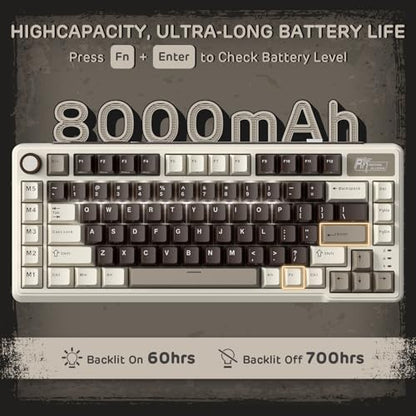 RK ROYAL KLUDGE L75 Gasket Mount Mechanical Keyboard w/Knob/Macro Keys & Touchable Nameplate, Tri-Mode 75% TKL Wireless Keyboard BT/2.4G/USB-C, Hot Swappable, Pro Software, Massive 8000mAh Battery - color: Mocha Gray, size: Tactile Beige Switch