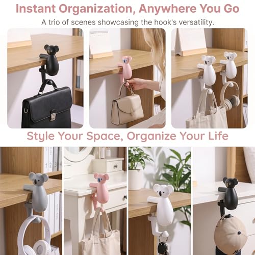 Cute Koala Purse Hook for Desk,22 Lbs Heavy Duty Bag Hanger for Table,No Drill Anti-Slip Desk Hook for Backpack&Headphones,Aesthetic Office Accessories Gifts for Women Girls (White (1-Pack)) - color: White (1-Pack)