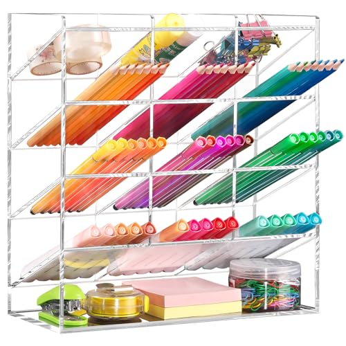 BEYGORM Acrylic Vertical Marker Organizer for 150 Markers with 13 Compartments, Clear Angled Pen & Pencil Holder, Large Desk Stationery & Art Supply Storage for Office & School (10.2 x 9.8 x 4 Inch) - color: Clear, size: For 150 Markers
