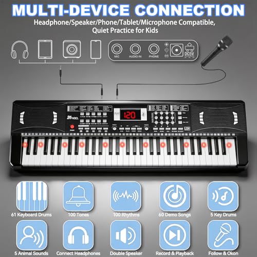 Keyboard Piano 61 Lighted Keys, Electric Keyboard Kit with 100 Voices, 100 Rhythms - Built-In Speaker, Microphone, Sheet Stand and Power Supply, Gift for Children Beginners [Black, Piano with Stand] - color: Black