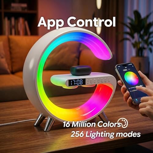 Smart LED Table Lamp,4-in-1 Wireless Charger with Speaker,Night Light, Alarm Clock, and Bluetooth Speaker with App Control, Ideal Gifts for Home, Office, Christmas(White) - color: White