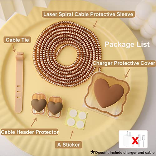 Compatible with iPhone 18W/20W USB-C Charger Cover Lovely 3D Love Heart Waves Clear Soft Charger Protector Cute Cable Saver for iPhone 11 12 13 14 Pro Max Fast Power Adapter, Brown 1 (5in1) - color: Brown 1 (5 in 1)