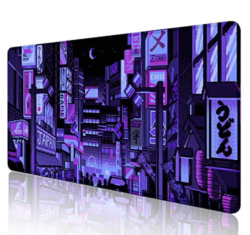Dark Purple Japanese Anime Desk Mat, Retro Vaporwave Large Gaming Mouse Pad for Laptop Computer, Neon Tokyo Street Pixel Art Full Desk Mouse Pad, XXL Skyline City Mousepad- 35.4 x 15.7 Inch - color: Neon Tokyo Street Pixel Art