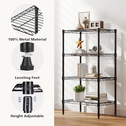 DUMOS 4-Tier Metal Wire Storage Shelves, Adjustable Standing Storage Rack Shelf, Heavy Duty Steel Shelving Unit Organizers for Kitchen Bathroom Pantry Garage, 23.3" Wx13.4 Dx47 H, Black - size: 4 Tier-47"H without wheels