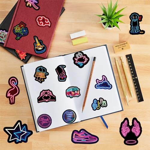 100Pcs Cool Neon Light Stickers for Kids Teens Adults, Trendy Graffiti Waterproof Vinyl Neon Stickers Pack for Water Bottle, Guitar Skateboard, Luggage, Phone