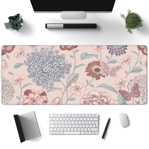 Desk Mat, Vintage Dark Flowers Butterfly XXL 35.4"x15.7"Large Gaming Mouse Pad, 3mm Thick Gaming Keyboard Pad,Desk Pad Non-Slip Rubber Base with Stitched Edges for Office Game Home Decor - color: Vintage Floral