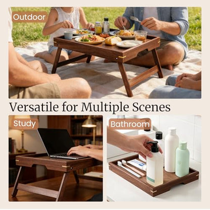 Fibogollo Walnut Wood Bed Tray Table with Folding Legs,Breakfast Trays,Serving Tray for Food and Snack,Laptop Trays for Working